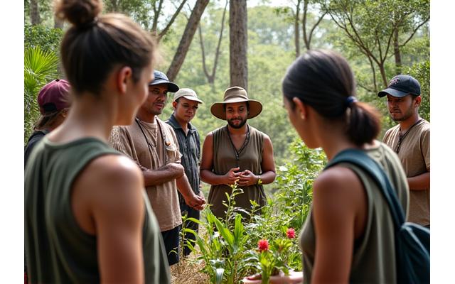 Indigenous guide showing participants various bush tucker plants in a natural setting